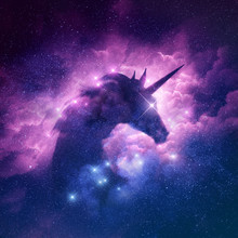 A Unicorn Silhouette In A Galaxy Nebula Cloud. Raster Illustration.