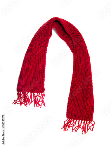 Fotografía Red knitted scarf on a white background.