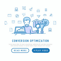 Wall Mural - conversion optimization concept with thin line icons: marketing, customer management, seo technology