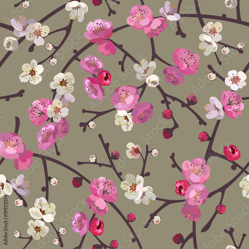 Stoffe zum Nähen Nahtlose Muster mit blühenden Sakura Niederlassungen. Kirschblüten Blumenkarte