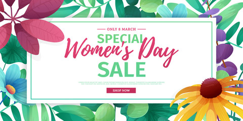 Wall Mural - Horizontal banner for sale International  Happy Women's Day on flower background. Flyer for March 8 with the decor of floral. Invitations with  frame and flower for offer and discount. Vector 