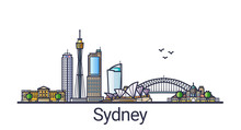 Banner Of Sydney City Skyline In Flat Line Trendy Style. Sydney City Line Art. All Buildings Separated And Customizable.