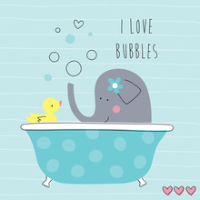 Cute Elephant Bathing In Tub With Duck Vector Illustration