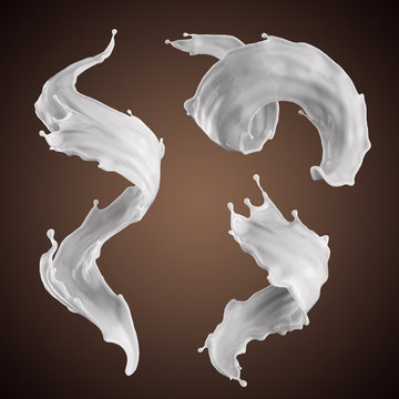 3d rendering, milk splash, drink, white liquid splashing clip art, isolated design elements, wavy jets, cooking ingredients
