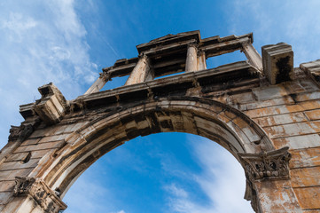 hadrian's gate in the center of athens greece. the arch of hadrian spanned an ancient road from the 