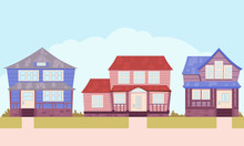 Classic Wooden Houses Of The American Suburbs. Flat Design. Vector Illustration