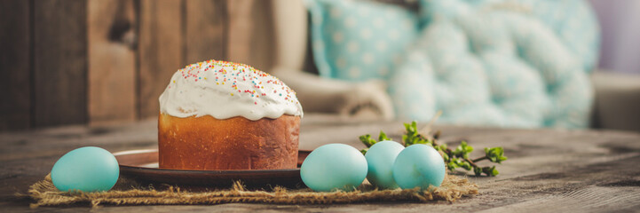 Easter cake and Easter eggs (traditional decoration and treats). Happy easter! Copy space.