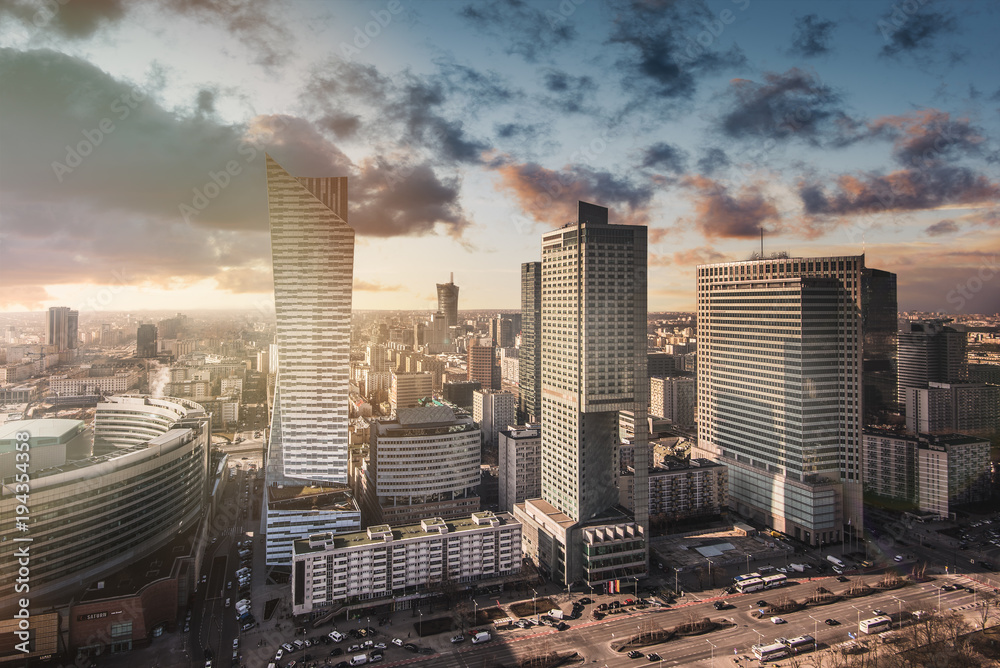 Urban view of the Warsaw skyline. Panoramic cityscape of the city in central Poland. - obrazy, fototapety, plakaty 