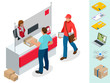 Isometric Post Office concept. Young man waiting for a parcel in a post office. Correspondence isolated vector illustration
