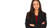 © Mark Adams - A Hispanic businesswoman poses for a portrait on a white background. A Latina office executive looks at the camera one blank backdrop