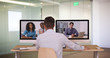 © Mark Adams - Diverse group of business associates having internet based web conference over video chat. Black Hispanic and Caucasian team of professionals communicating using modern technology