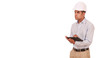 Millennial Latino architect on white backdrop with copy space wearing hard hat. Hispanic job foreman using tablet computer and helmet. Background with Copyspace 4k