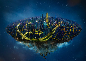 Wall Mural - Fantasy island floating in the air with modern city skyline , Night scene .