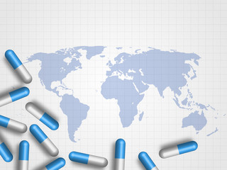 medicines on world map as background represent medical and health care concept. technology backgroun