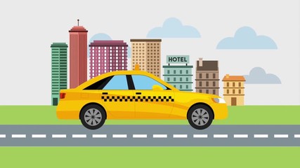 Wall Mural - taxi cab on street city landscape animation