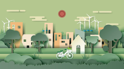 Poster - Green eco friendly city and urban forest landscape abstract background.Nature and environment conservation concept paper art design.Vector illustration.