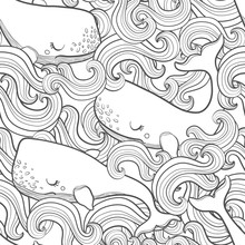 Graphic Whales Flying In The Sky. Sea And Ocean Creatures. Vector Fantasy Seamless Pattern. Coloring Book Page Design For Adults And Kids