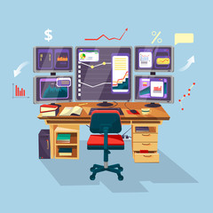 Poster - Vector cartoon trader, financial, data analyst office workplace background template. Graphs diagram chart at desktop monitor screens. Business man, stock currency exchange rate market research concept