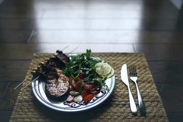 Wall Mural - Salmon Steak, Served Grilled Salmon, Beautiful Dinner