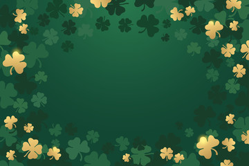 Saint Patricks Day. Green background with golden and green leaves of clover and place for writing. Vector illustration.