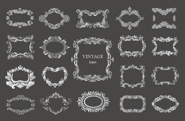 Wall Mural - Set of silver vintage floral frames and monograms.