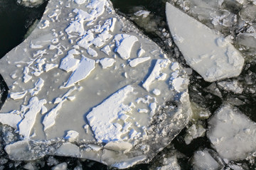  Broken ice on the surface of the river in winter. Ice floes texture