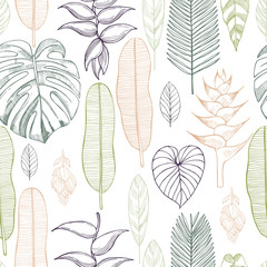 Hand drawn tropical plants. Leaves and flowers.Vector seamless pattern