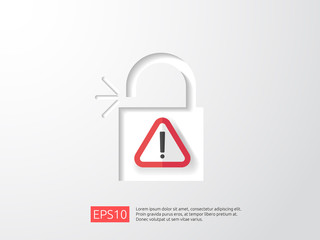 Poster - open padlock attention icon with exclamation mark symbol warning alert sign. account access security banner concept. safe secure of personal access, user authorization, VPN internet protection.