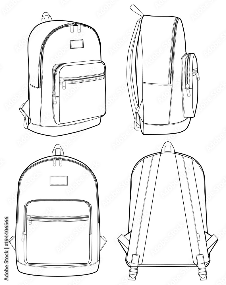Basic Backpack fashion flat technical drawing template - obrazy, fototapety, plakaty 