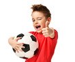 © Dmitry Lobanov - Fan sport boy player hold soccer ball in red t-shirt celebrating happy smiling laughing show thumbs up success sign
