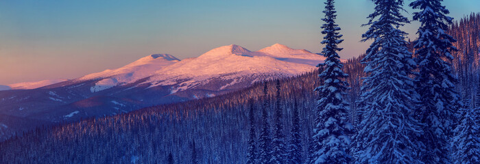 Wall Mural - Winter mountain landscape with the top mountains lit by sunset. Panoramic photo.