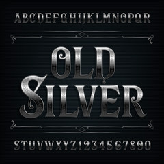 Fototapete - Vintage silver alphabet font. Old metal effect letters and numbers. Stock vector typeface for your design.