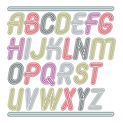 Poster - Set of trendy modern vector capital alphabet letters isolated. Disco cursive font for use as business poster design elements. Made with triple stripy decoration.