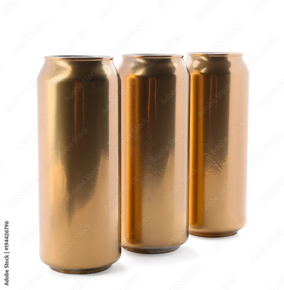 Cans of beer on white background