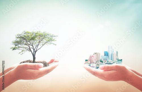 Fotografie, Obraz Community sharing concept: Two human hands holding big tree and city over blurre