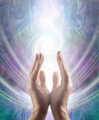 Canvas Print - sensing spiralling healing energy - male hands reaching up and sensing an ethereal spiralling white 