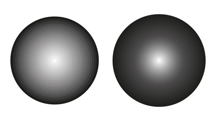 Two vector greyscale circles with a gradient from black to white. Continuous circle with a smooth gradient and circle with step discontinuous gradient.