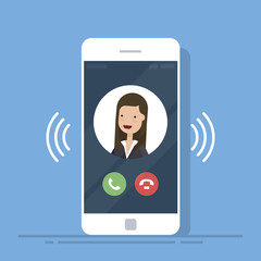 Poster - Smartphone or mobile phone call or vibrate with contact info on display, ring of phone icon. Flat cartoon cellphone ringing. Vector illustration.