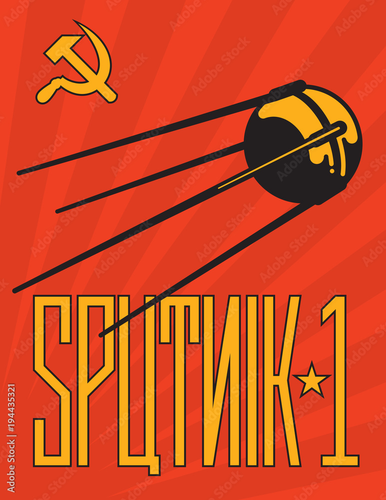 Retro Sputnik Satellite Vector Design.
Vintage style Russian Sputnik 1 propaganda style poster design with cyrillic alphabet style lettering. - obrazy, fototapety, plakaty 