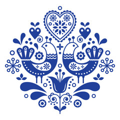 Poster - Scandinavian folk art pattern with birds and flowers, Nordic floral design, retro background in navy blue
