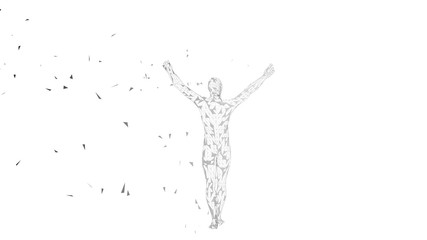 Poster - Conceptual abstract man with hands pointing up. Connected lines, dots, triangles, particles. Artificial intelligence concept. High technology vector digital background. 3D render vector illustration