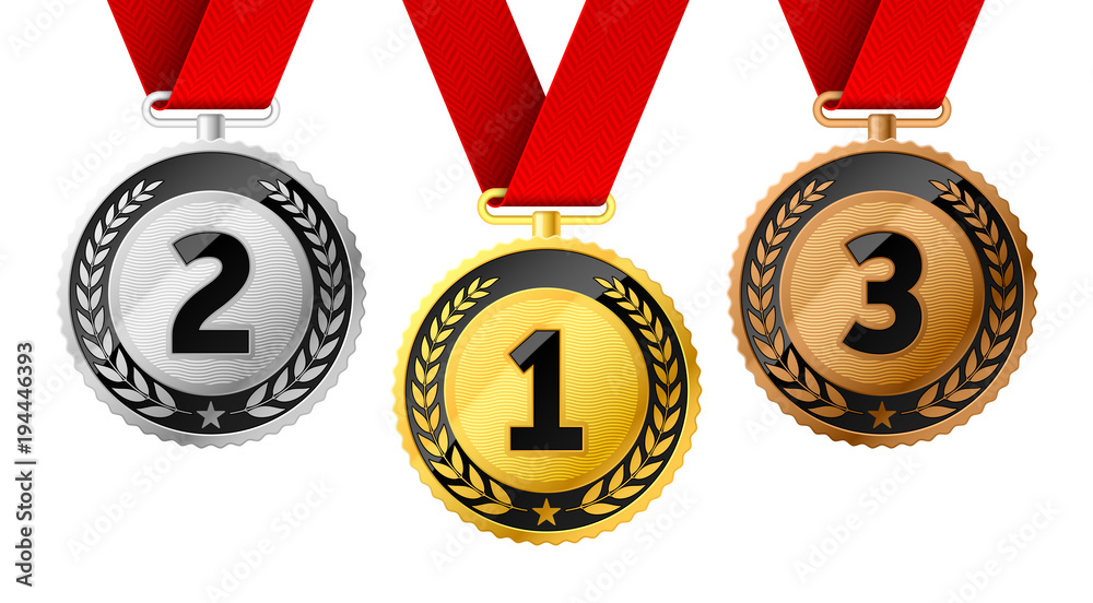 Champions gold, silver and bronze award medals with red ribbon. First ...