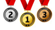 Champions gold, silver and bronze award medals with red ribbon. First, second and third places awards