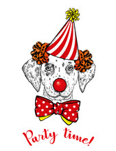 Funny Dog In A Clown Hood, Tie And With A Clown Nose. Vector Illustration. A Circus, A Holiday And A Party.