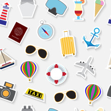 Seamless Pattern Background With Modern Travel Stickers Symbols Flat Icons