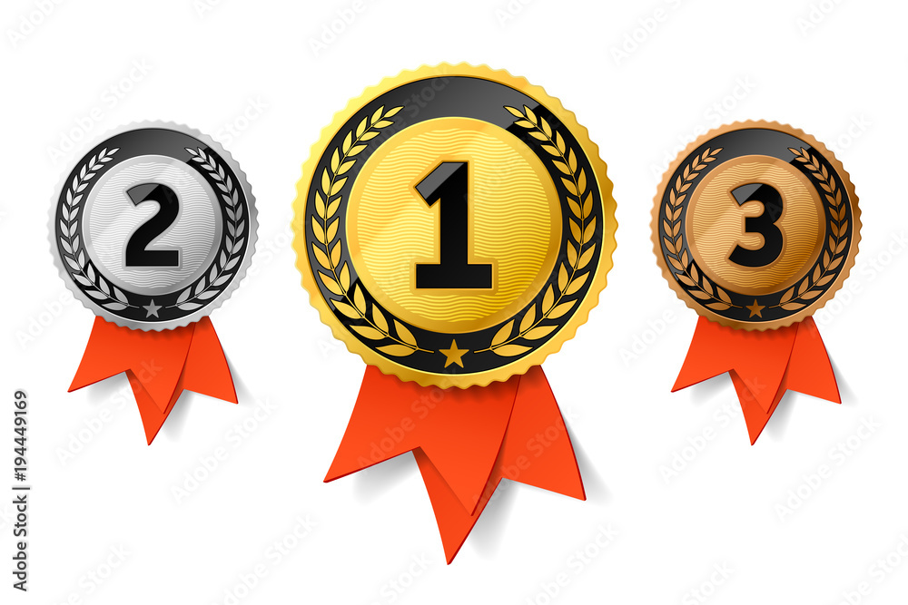 Champions gold, silver and bronze award medals with red ribbon. First ...