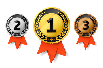 champions gold, silver and bronze award medals with red ribbon. first, second and third places award