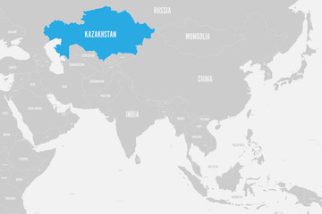  Kazakhstan blue marked in political map of Southern Asia. Vector illustration.