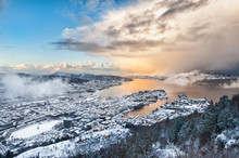 Bergen City Coast Harbor In Norway Fjords Winter Scene With Snow