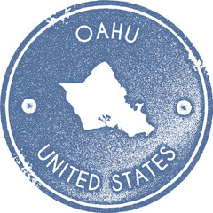 Wall Mural - Oahu map vintage stamp. Retro style handmade label, badge or element for travel souvenirs. Light blue rubber stamp with island map silhouette. Vector illustration.